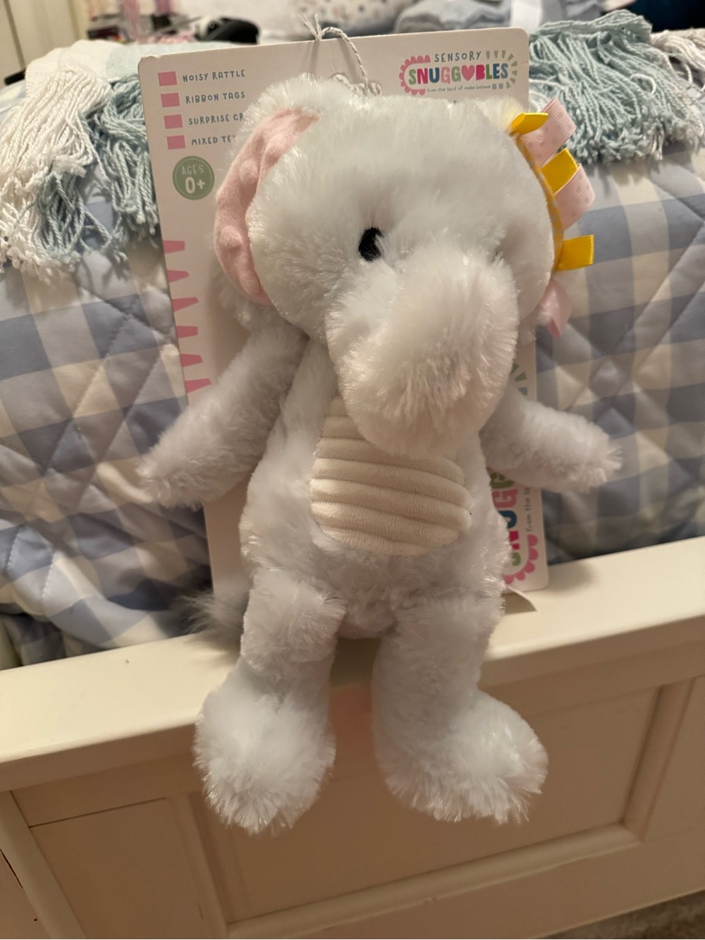 Snuggables Plush Elephant Sensory Toy - White with Pink & Yellow Accents